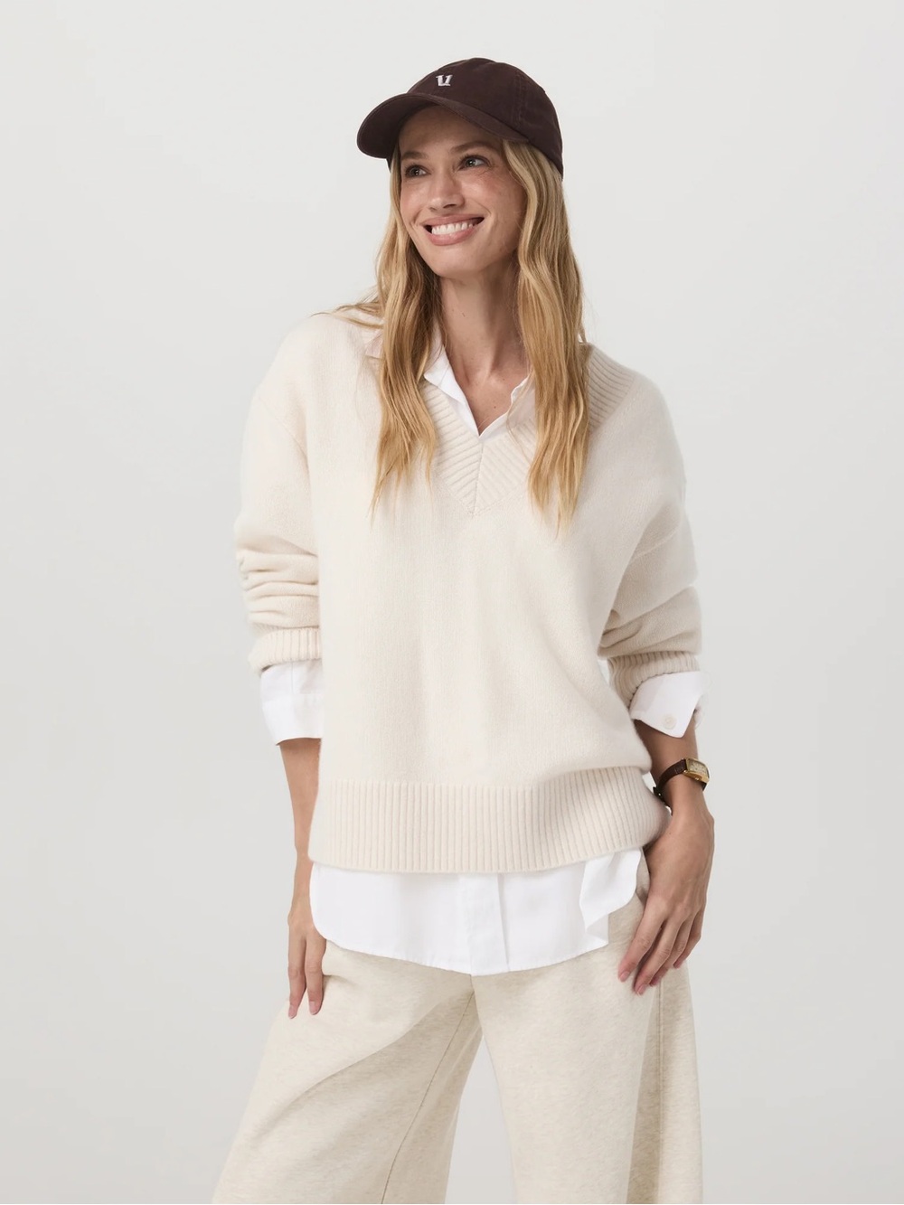 NWT Vuori Émilie Cashmere Oversized V-Neck in Porcelain Size S Small